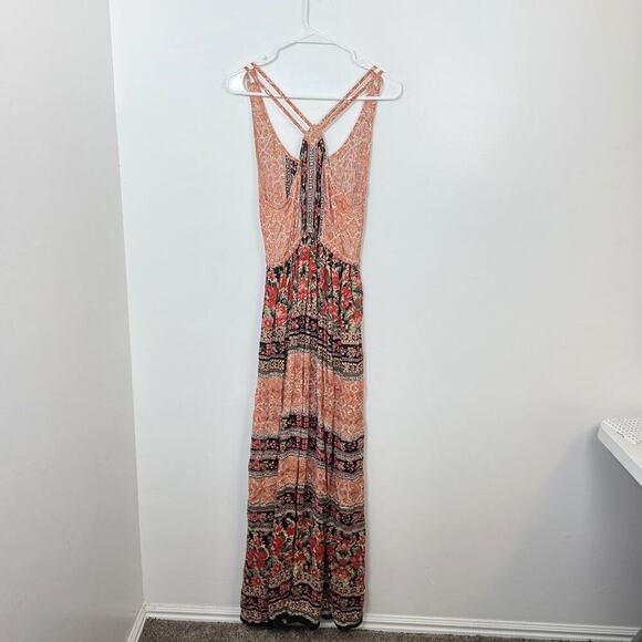 Angie Orange Black Multicolor Floral Boho Hippie Racerback Maxi Dress Size Small - Picture 5 of 6